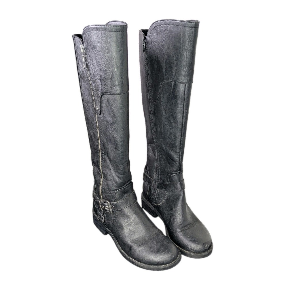 G By Guess Women's Boots 6M Black Faux Leather Zip Buckle Knee High Riding Fall